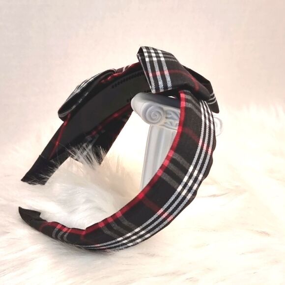 PLAID SIDE BOW HEADBAND Black white red fabric - Picture 3 of 6